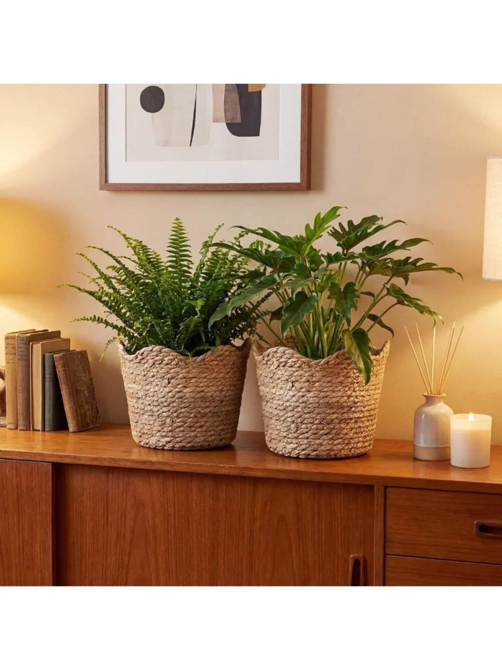 4 Large Seagrass Planter Baskets with Plastic Lining - Woven Storage Bins for